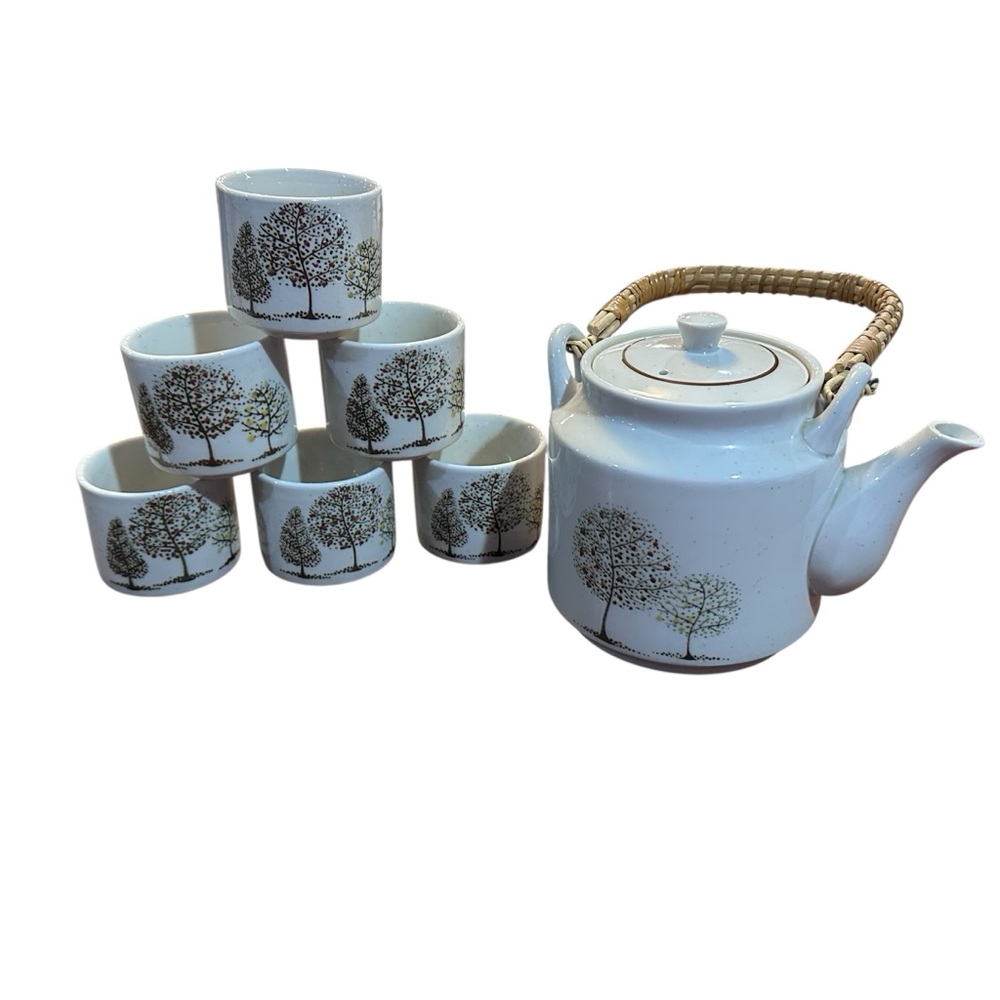 Vintage Style Ceramic Teapot Set with 6 Cups Tree Pattern‎ Woven Handle rustic